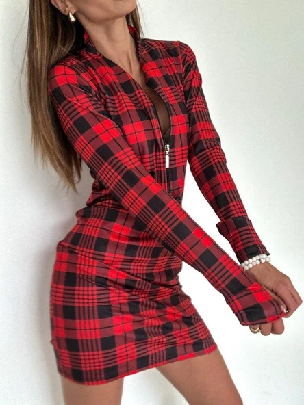 Kadın Uzun Kollu Fermuarlı Ekose Baskılı Dalgıç Elbise - Resim 10