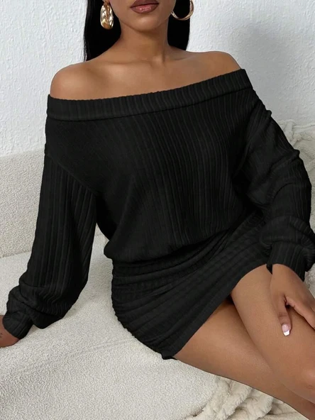 Kadın Uzun Kollu Omuzlardan Açık Yanlardan Büzgülü şardonlu Kaşkorse Elbise - Resim 3