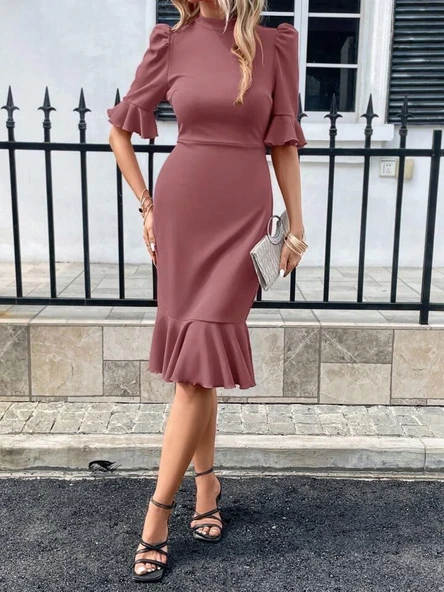 Kadın Kısa Kollu Yarı Balıkçı Yakalı Etek Ucu Fırfırlı Midi Ithal Krep Elbise - Resim 2