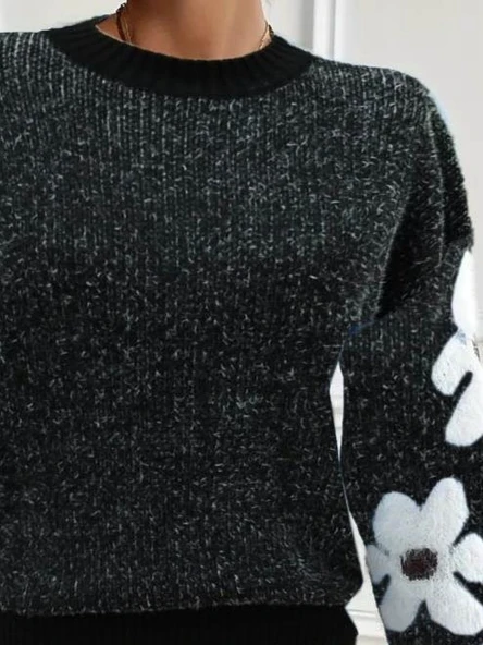 Kadın Uzun Kollu Bisiklet Yaka çiçek Desenli Triko Bluz - Resim 2