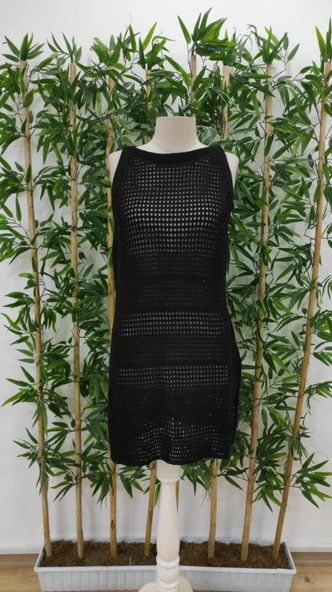 Kadın Kolsuz Derin Sırt Dekolteli Ajurlu Triko Pareo - Resim 5