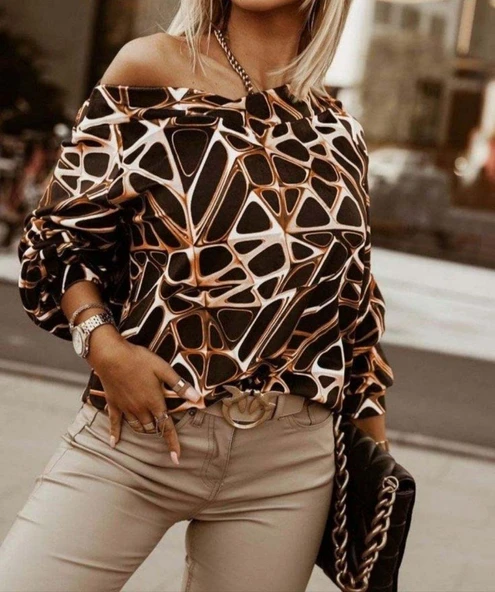 Kadın Uzun Kollu V Yaka Düşük Omuz Geometrik Desen şardonlu Dalgıç Bluz - Resim 2