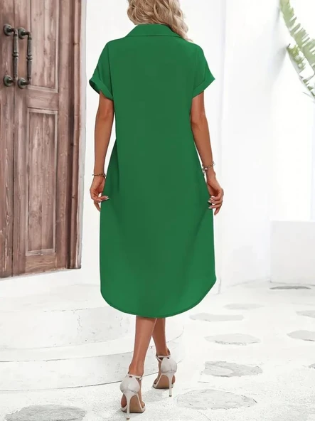 Kadın Kısa Kollu Yakalı Düğme Detay Midi Dokuma Elbise - Resim 2