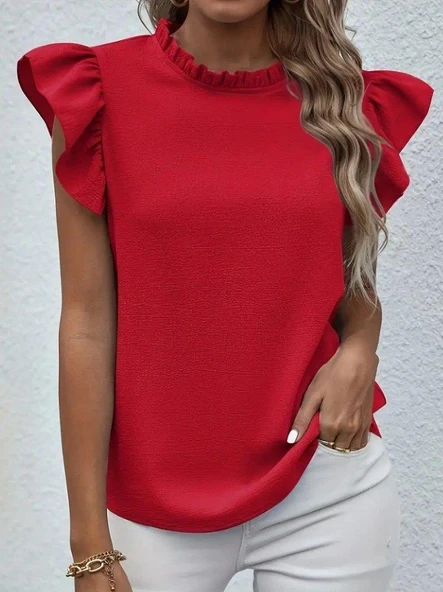 Kadın Kısa Kollu Fırfır Yakalı Bürümcük Bluz ürün görseli