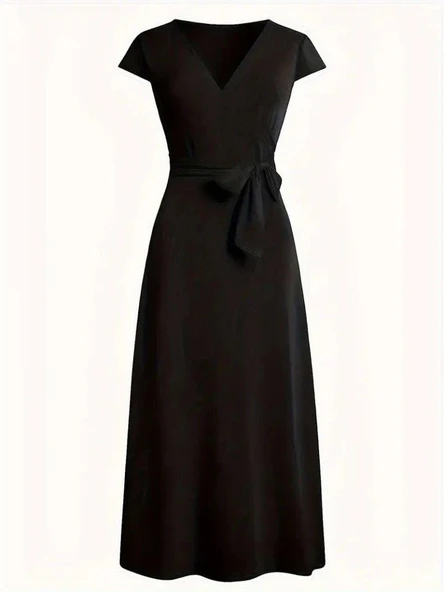 Kadın Kısa Kollu V Yakalı Belden Kuşaklı Maksi Boy Viskon Elbise - Resim 4