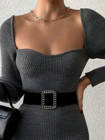 Kadın Uzun Kollu Yırtmaç Detay Triko Elbise - Resim 3