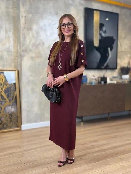 Kadın Kısa Kollu Bisiklet Yaka Omuzdan Düğmeli Uzun Viskon Iki Iplik Elbise ürün görseli