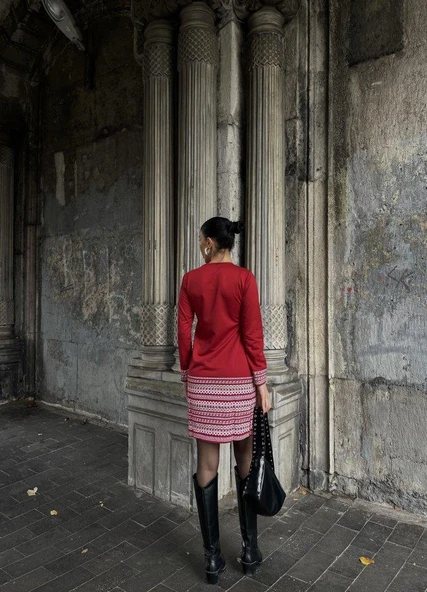 Kadın Uzun Kollu Bisiklet Yaka Kol Ağzı Ve Etek Ucu Baskılı Iki Iplik Elbise - Resim 9