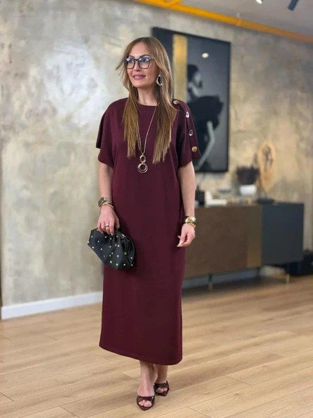 Kadın Kısa Kollu Bisiklet Yaka Omuzdan Düğmeli Uzun Viskon Iki Iplik Elbise - Resim 2