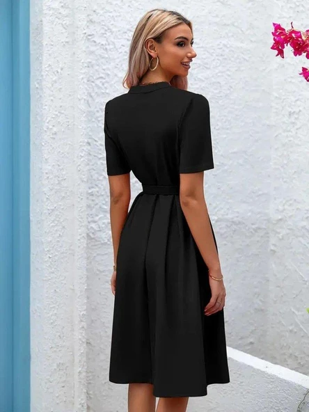 Kadın Kısa Kollu Düğmeli Ve Kemerli Atlas Elbise - Resim 2