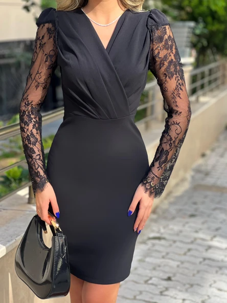 Kadın Uzun Kollu Kruvaze Yaka Kollar Tül Detay Krep Mini Boy Elbise - Resim 3