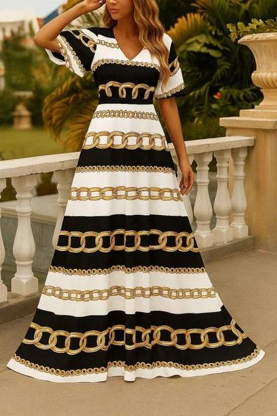 Kadın Kısa Kollu V Yakalı Desenli Süprem Elbise ürün görseli