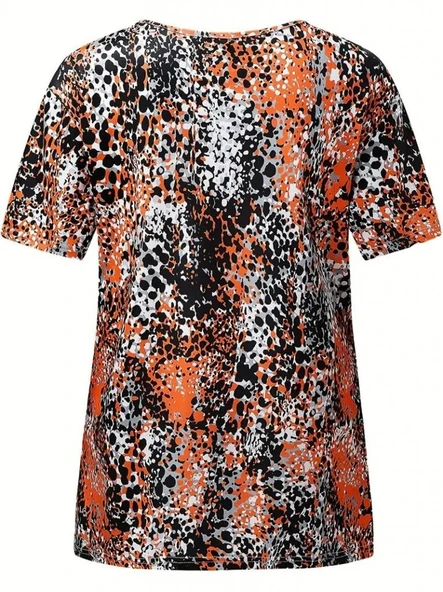Kadın V Yaka Renkli Leopar Desen Büzgü Detay Süprem Bluz - Resim 3