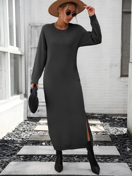 Kadın Uzun Kollu Bisiklet Yaka Yırtmaç Detay Triko Midi Boy Elbise ürün görseli