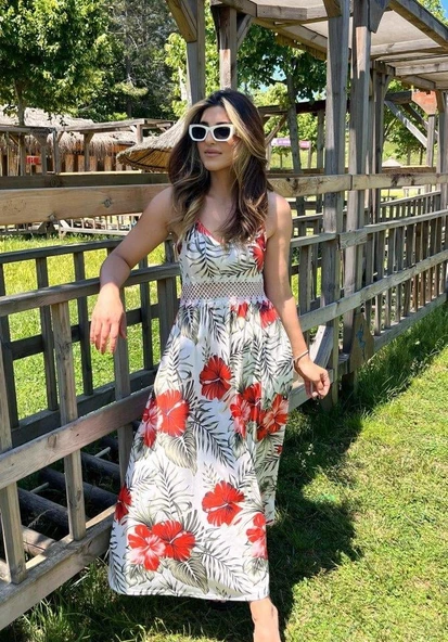 Kadın Ip Askılı V Yakalı Bel Güpür çiçek Desenli Yandan Yırtmaçlı Maksi Süprem Elbise - Resim 2