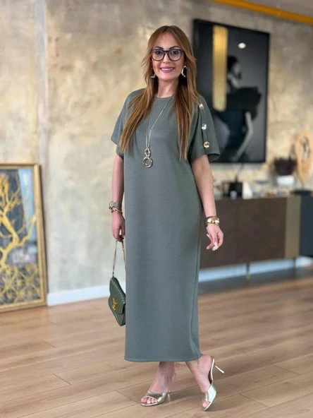 Kadın Kısa Kollu Bisiklet Yaka Omuzdan Düğmeli Uzun Viskon Iki Iplik Elbise - Resim 4