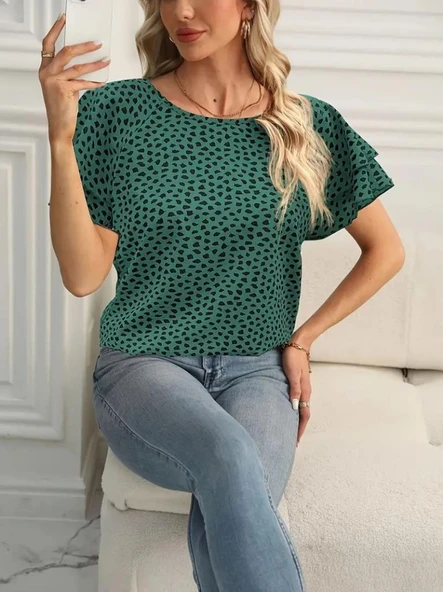 Kadın Kısa Kollu Kolları Volanlı Baskılı Süprem Bluz - Resim 5