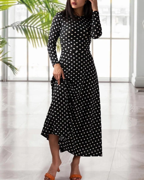 Kadın Krep Kumaş Uzun Kollu Tam Boy Puantiyeli Elbise 132 Cm - Resim 8