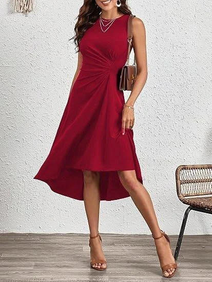 Kadın Sıfır Kollu Bisiklet Yaka Büzgülü Asimetrik Kesim Detaylı Janjan Krep Elbise ürün görseli