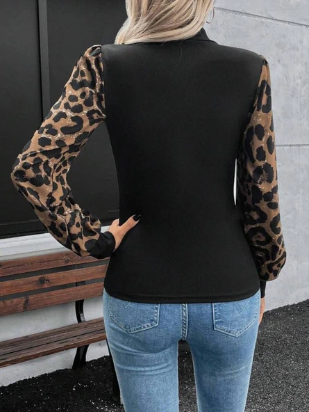 Kadın Uzun Kollu Yarı Balıkçı Yaka Leopar Detaylı Kaşkorse Bluz - Resim 4