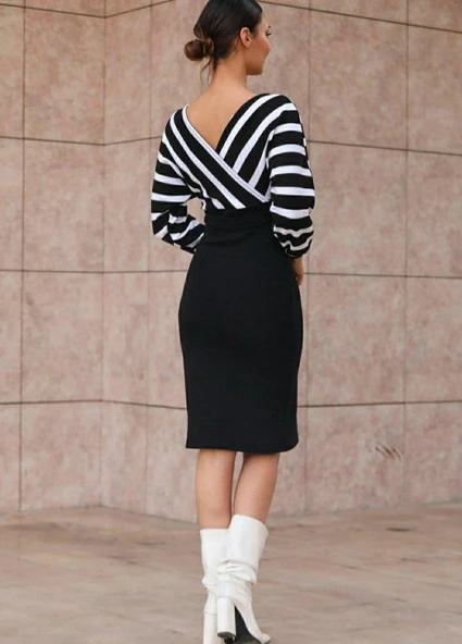 Uzun Kollu Kruvaze Yaka çizgi Desenli Kısa Triko Elbise - Resim 2