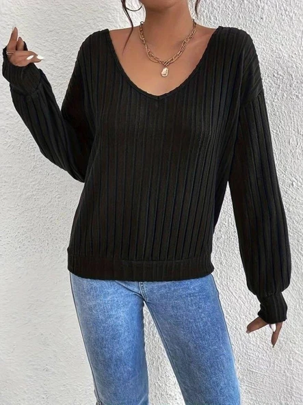 Kadın Uzun Kollu V Yakalı Pencere Sırt Dantel Detaylı Kalın Fitilli Kaşkorse Bluz - Resim 6