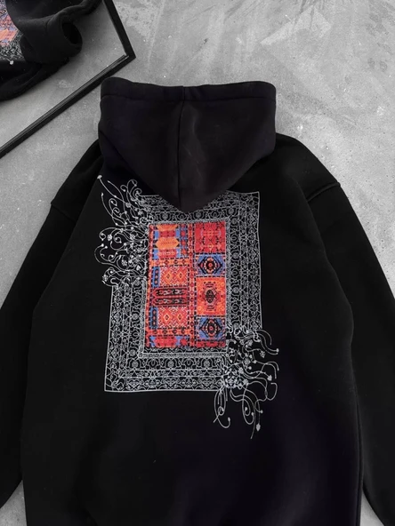Uzun Kol Kapşonlu Ön Ve Arka Baskılı SweatShirt - Siyah - Resim 2