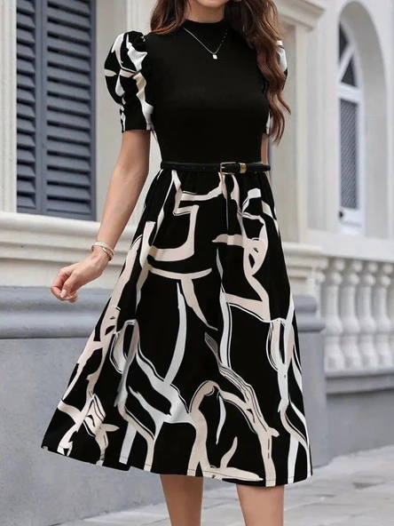 Kadın Kısa Kollu Yarı Balıkçı Yaka üst Viskon Alt Desenli Dokuma Midi Elbise - Resim 5