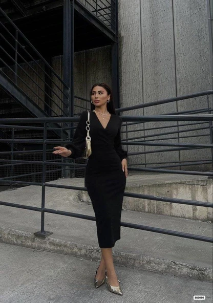 Kadın Uzun Kollu Kruvaze Yaka Büzgü Ve Balon Kol Detay Krep Kumaş Maxi Boy Elbise - Resim 4