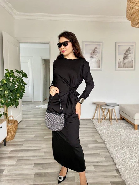 Kadın Uzun Kollu Bisiklet Yaka Belden çapraz Bağlamalı Yandan Yırtmaçlı Uzun Viskon Iki Iplik Elbise - Resim 12