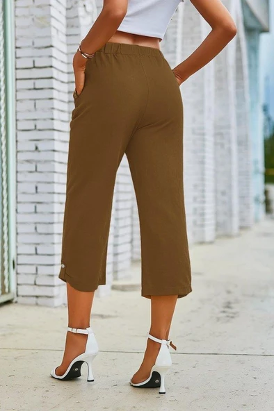 Kadın Beli Lastikli Düğme Ve Cep Detaylı Kapri Ithal Keten Pantolon - 5