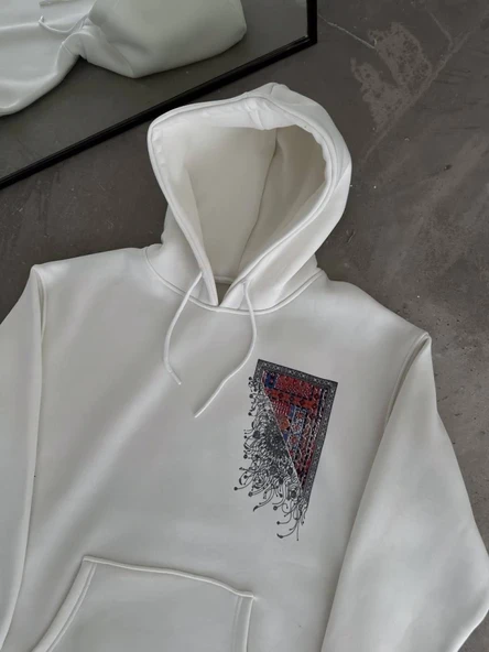 Uzun Kol Kapşonlu Ön Ve Arka Baskılı SweatShirt - Beyaz - 1