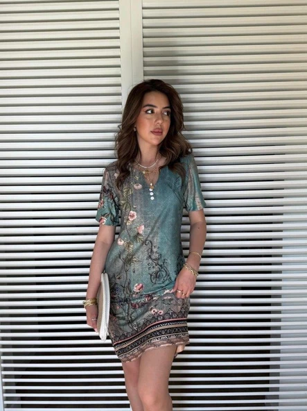 Kadın Kısa Kollu V Yakalı çiçek Baskılı Midi Süprem Elbise - Resim 2