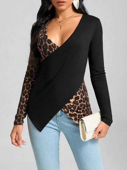 Kadın Uzun Kollu Kruvaze Yakalı Leopar Desen Detaylı Viskon Bluz - Resim 5