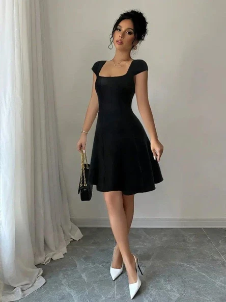 Kadın Kısa Kollu Geometrik Yakalı Janjan Krep Elbise - Resim 4