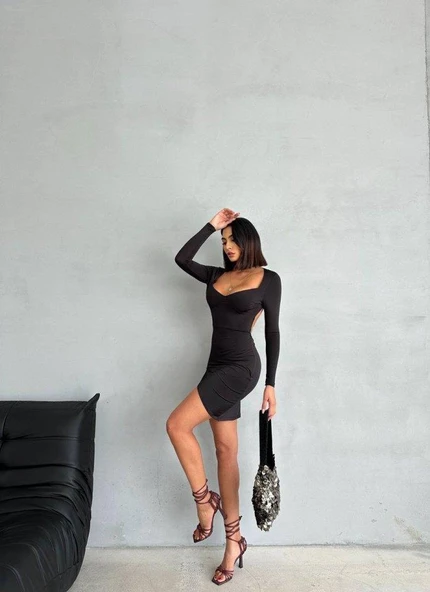 Kadın Uzun Kollu Göğüs Ve Sırt Dekolteli Kruvaze Etek Detay Fırsat ürün Mini Elbise - Resim 6