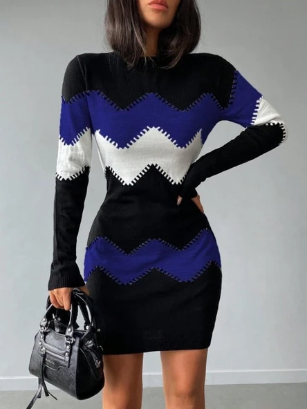 Kadın Uzun Kollu Zigzag Desen Triko Elbise - Resim 3