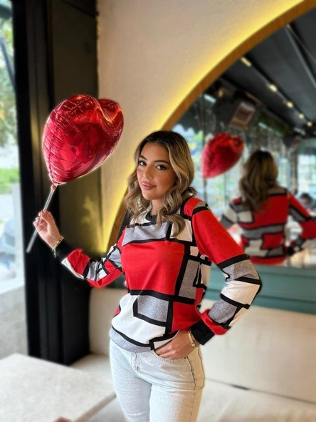 Kadın Uzun Kollu Bisiklet Yaka Renkli Blok Baskı Dalgıç Bluz - Resim 2