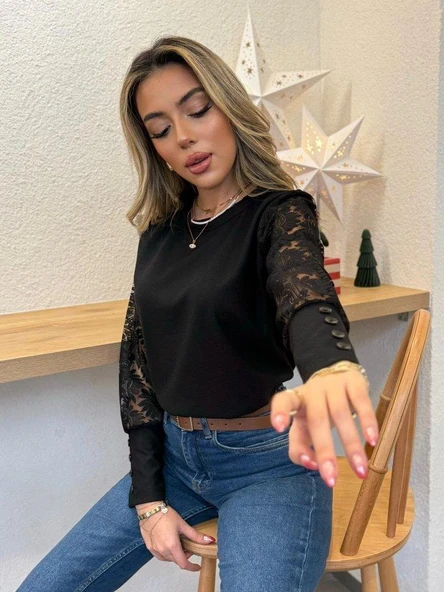 Kadın Uzun Kollu Bisiklet Yaka Kolları çiçekli Waffle Bluz - Resim 2