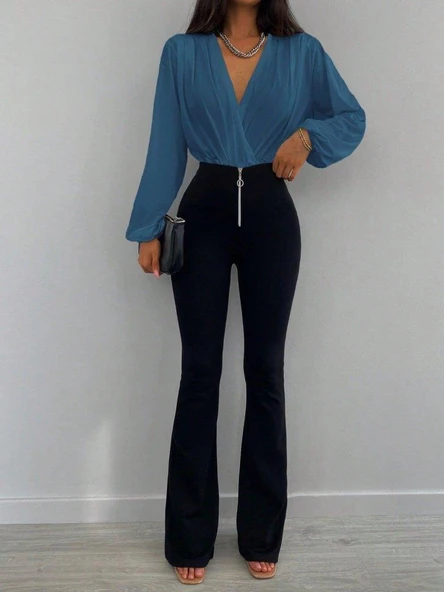 Kadın Uzun Kollu Kruvaze Yaka Sandy Bluz - Resim 4