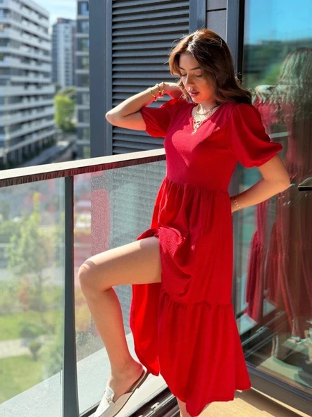 Kadın Kısa Kollu Yakası Açık Katlı Bürümcük Balon Elbise - Resim 2