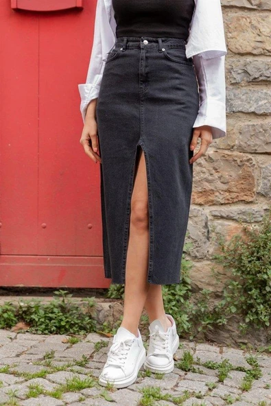 Kadın Yüksek Bel önden Yırtmaçlı Cepli Midi Kot Etek - 7