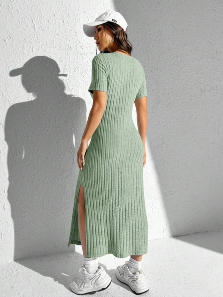 Kadın Kısa Kollu Bisiklet Yaka Yırtmaç Detay Fitilli Kaşkorse Tam Boy Elbise - Resim 3