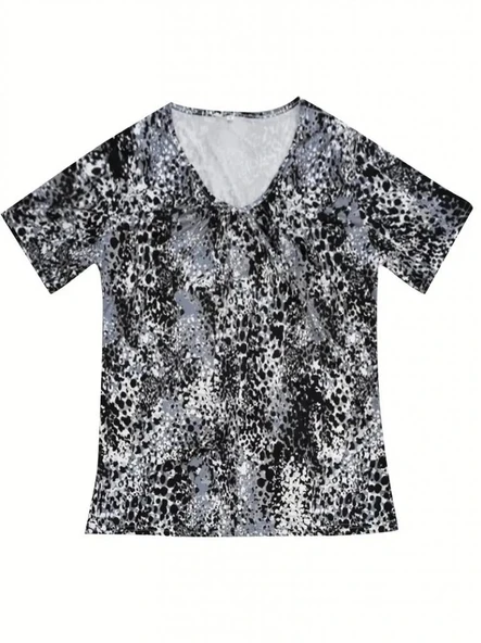Kadın V Yaka Renkli Leopar Desen Büzgü Detay Süprem Bluz - Resim 2
