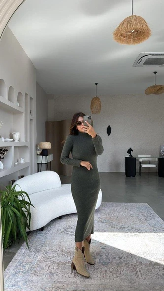 Kadın Yarım Balıkçı Yaka Süet Kumaş Fırsat ürün Midi Boy Elbise - Resim 4