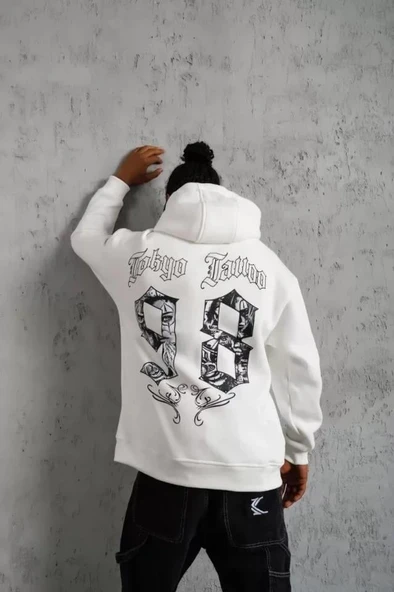 Erkek 98 Baskılı Kapşonlu Sweat - Beyaz - Resim 3