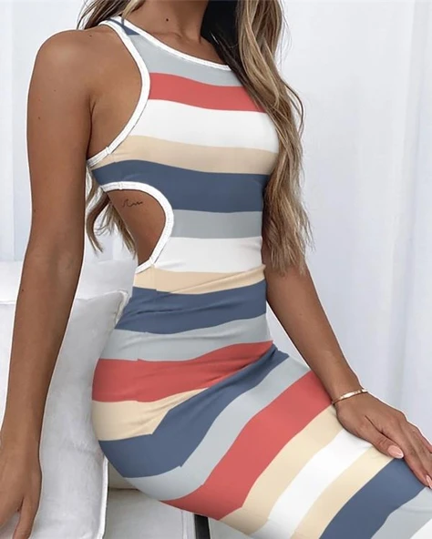 Kadın Kolsuz Bel Dekolte Detay şerit Desenli Pegasus Kumaş Elbise - Resim 3