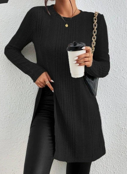 Kadın Uzun Kollu Bisiklet Yaka Iki Yandan Yırtmaç Detay Triko Bluz - Resim 2