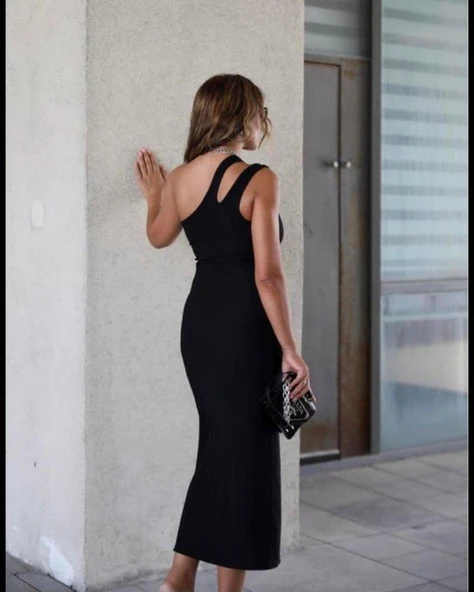 Kadın Sıfır Kol Tek Omuz Damla Detay JanJan Krep Elbise - Resim 8