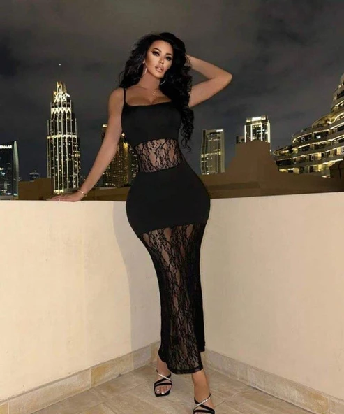 Kadın Dalgıç Kumaş Dantel Detaylı Maxi Boy Elbise - Resim 4